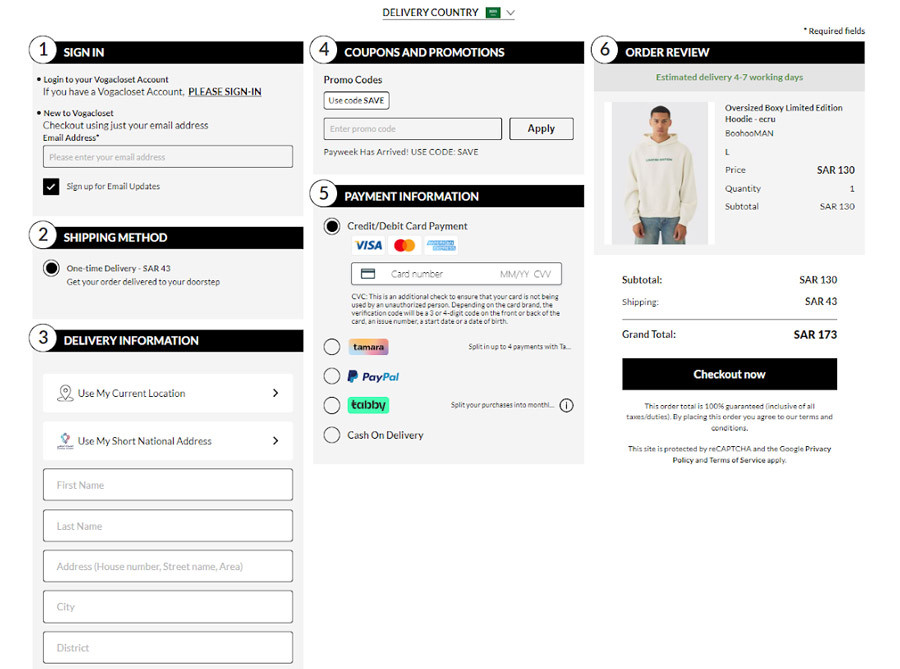 Screenshot showing Vogacloset's online checkout page in English