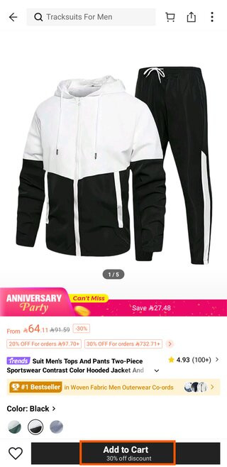 Screenshot of adding items to shopping cart at the Shein app in English