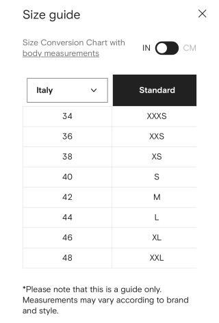 FARFETCH’s size chart for women’s tops