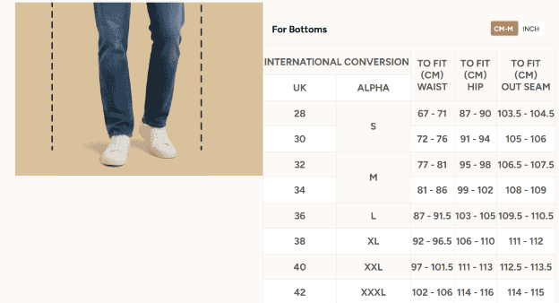 Max size guide for men's bottoms