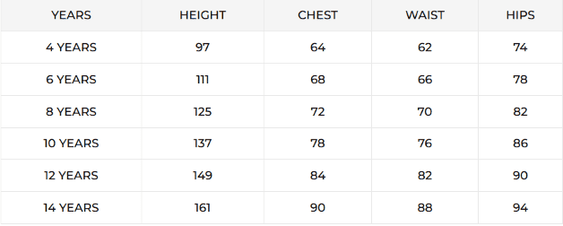 Riva kids dress size chart