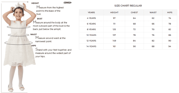 Riva kids size measurement for girls