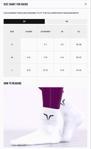 Screenshot of the Size Guide for Socks on SQUATWOLF in English Screenshot of the Size Guide for Socks on SQUATWOLF in English
