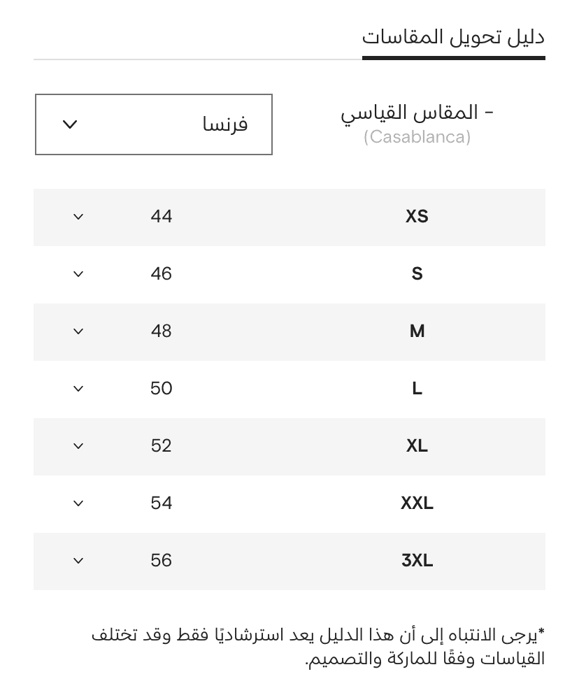 جدول مقاسات فارفيتش للملابس الرجالية العلوية