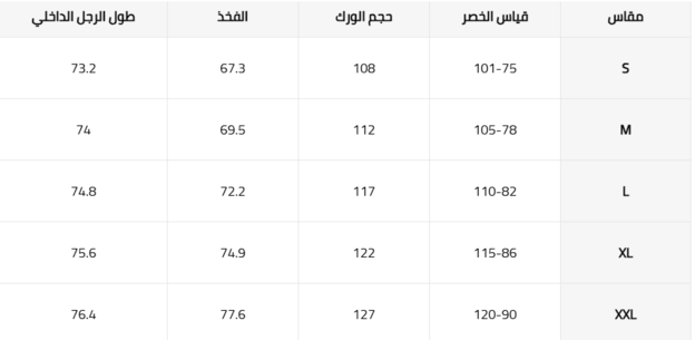 جدول مقاسات شي ان للبناطيل الرجالية